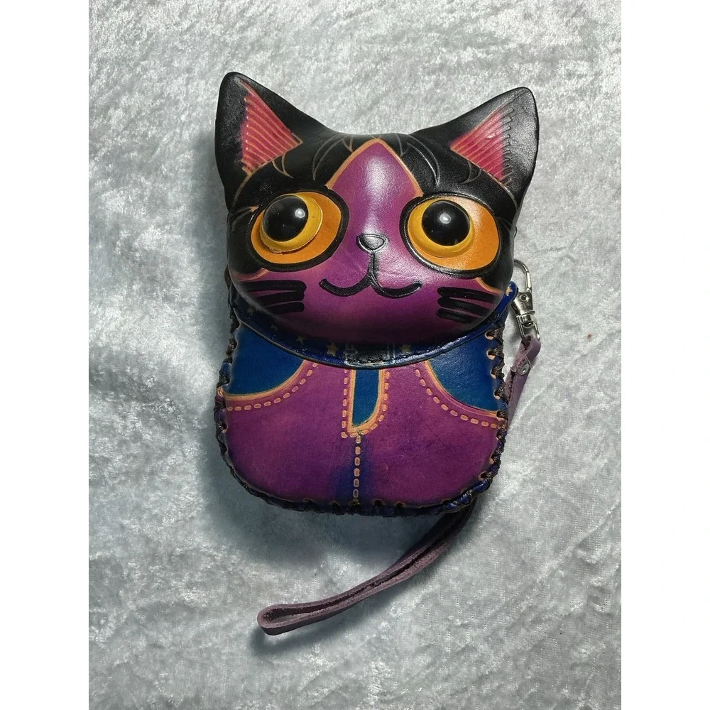 Hand Painted Leather 3D Cat Coin Purse Wristlet Purple Whimsical Kitty Zipper